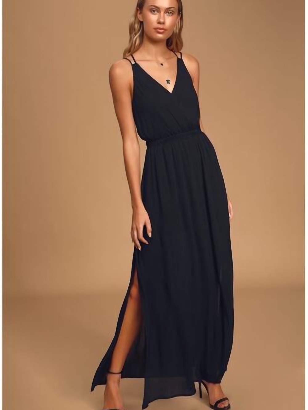 NWT Lulu's Lost In Paradise Black Maxi V-Neck Strappy Dress with Side Slit